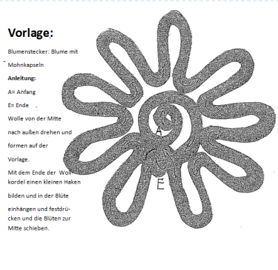 Vorlage Blumenstecker, Blume mit Mohnkapsel aus Wollkordel Draht, Basteln mit Wolle